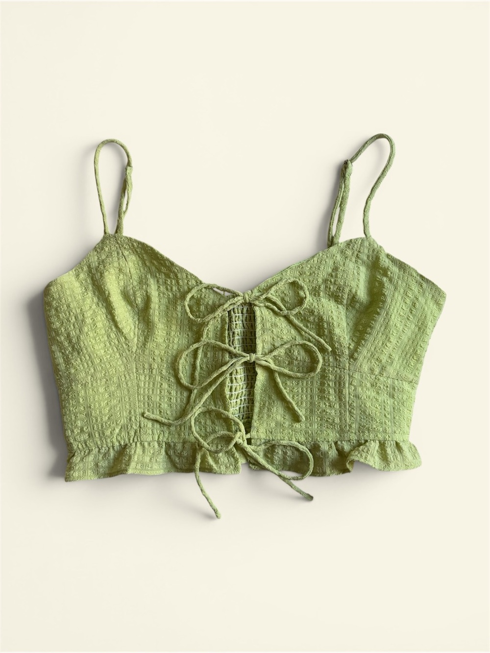 Emory Park Green Seersucker Tie Front Smocked Ruffle Crop Top Cami Size L Summer
